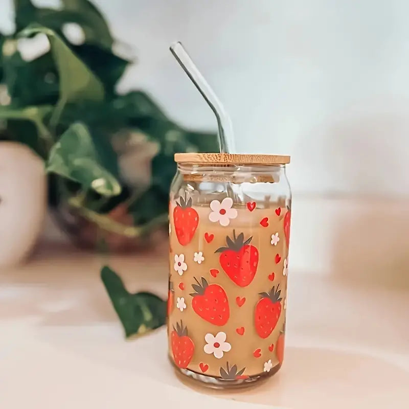 Glassware With Bamboo Lid And Straw
