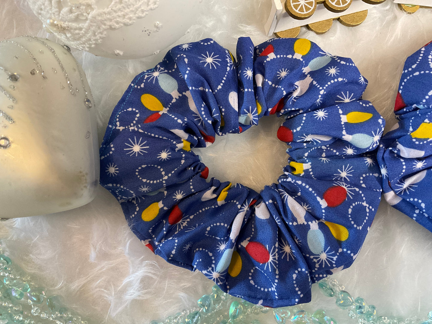 Blue With Christmas Baubles Hair Scrunchies
