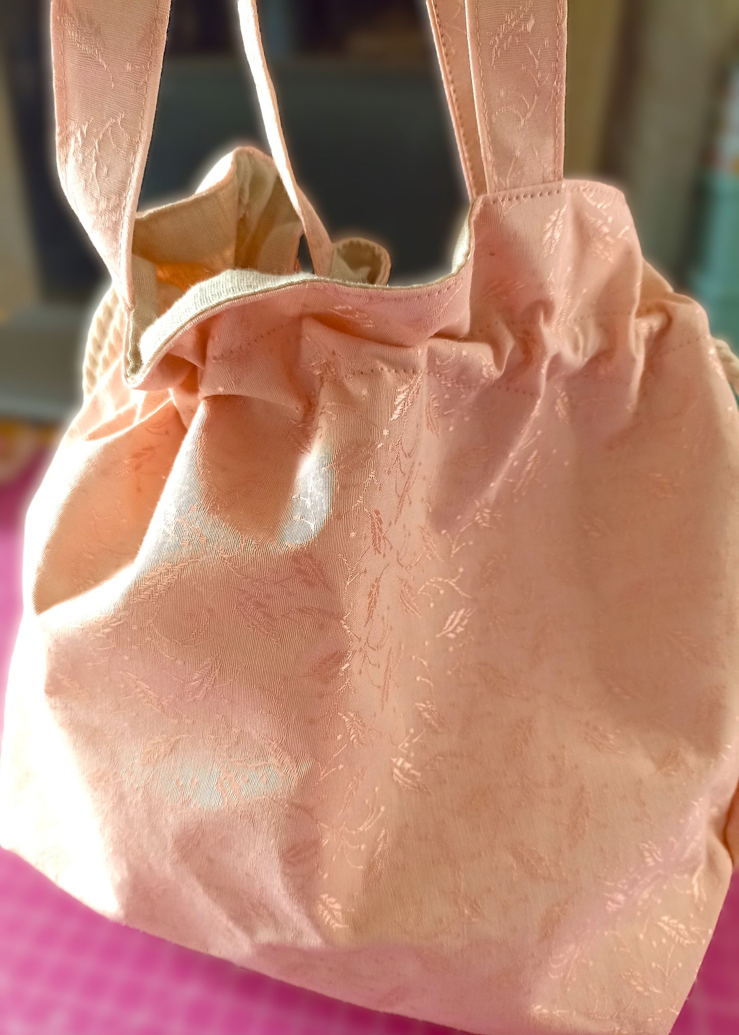 Apricot Drawstring Bag Unique Durable Gift For Her Sustainable Fashionable Fully Lined With Inside Pocket