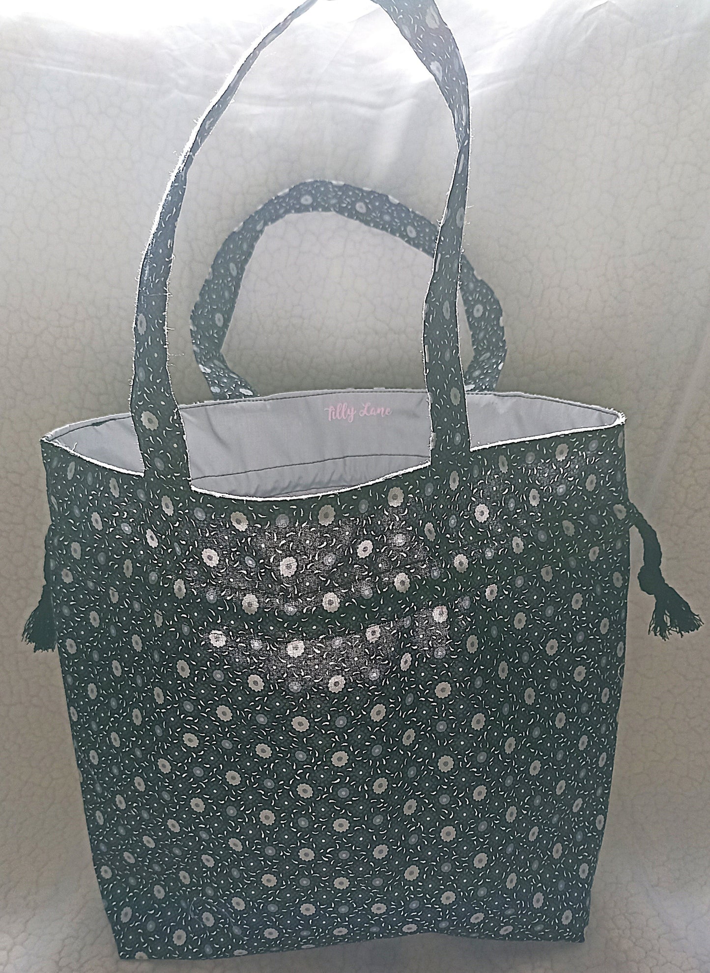 Black With Grey and White Flowers Drawstring Bag Unique Durable Gift For Her Sustainable Fashionable Fully Lined With Inside Pocket
