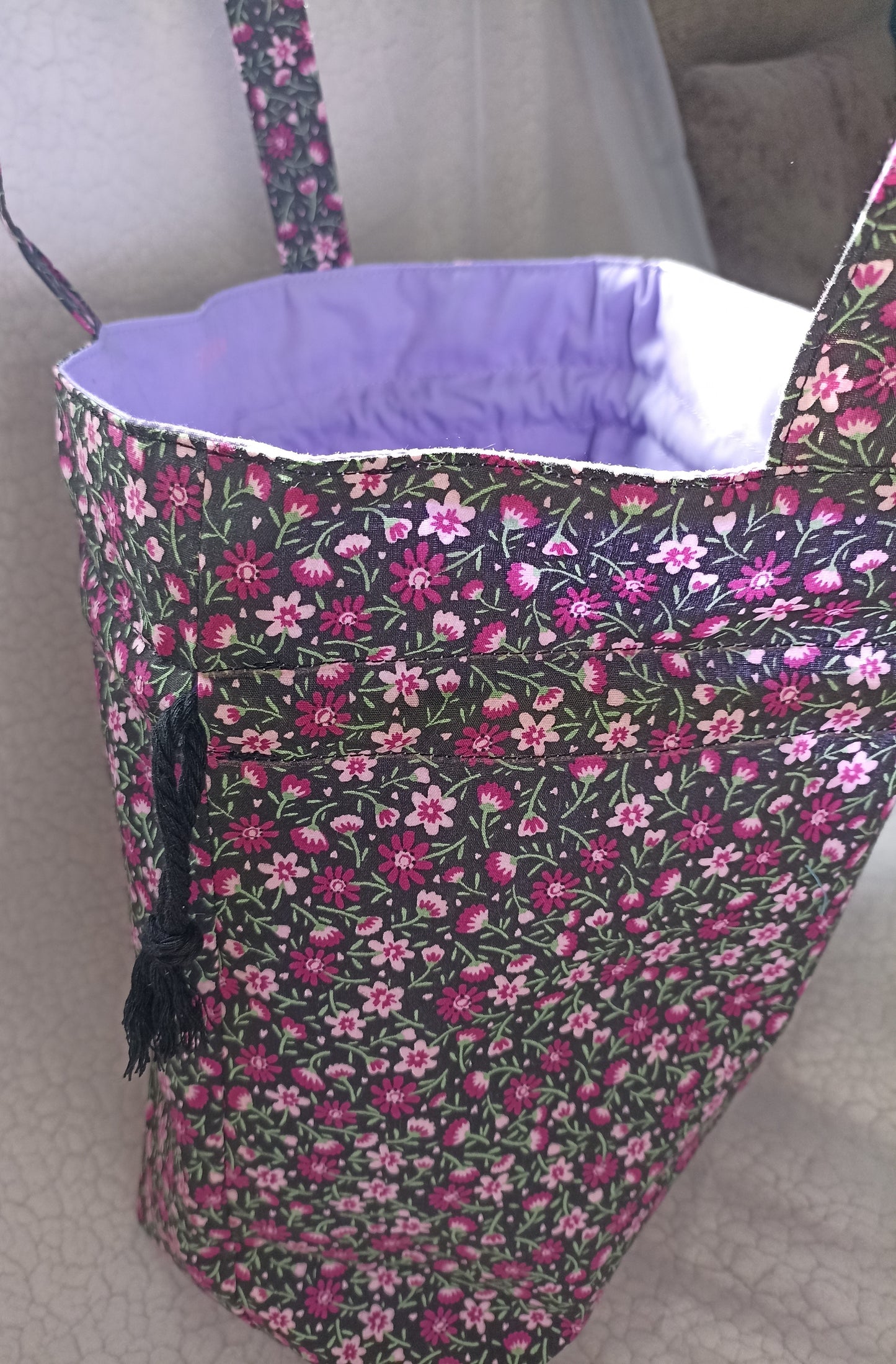 Black With Dainty Pink Purple Flowers Drawstring Bag Unique Durable Gift For Her Sustainable Fashionable Fully Lined With Inside Pocket