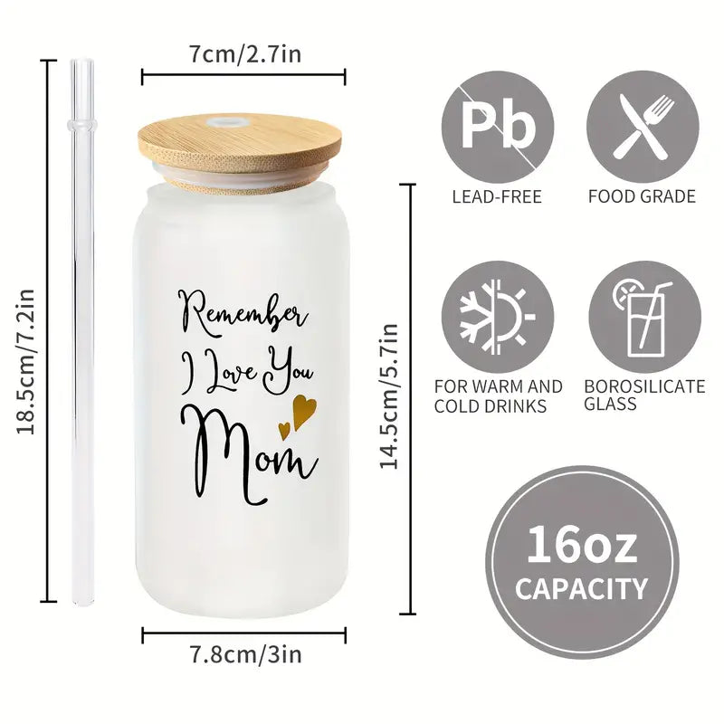 'I Love You Mom' Glassware With Bamboo Lid And Straw And FREE Coaster!